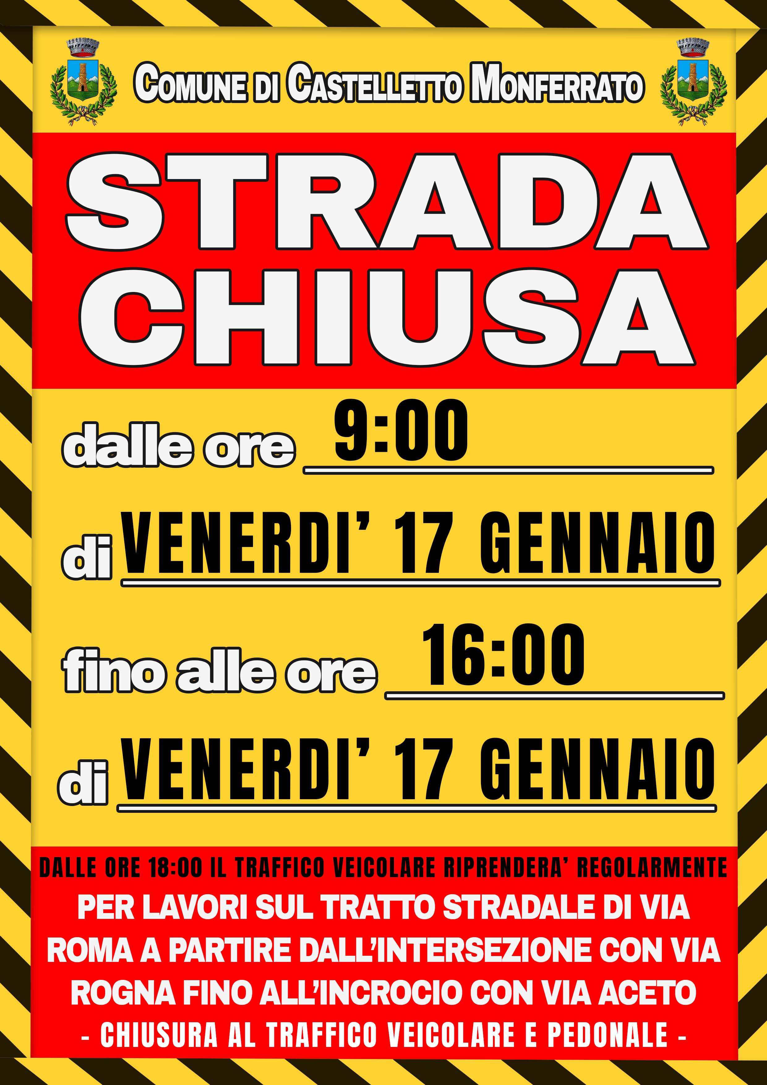 AVVISO URGENTE - STRADA CHIUSA PER LAVORI "Palazzo Cavalli" Venerdì 17 gennaio 2025