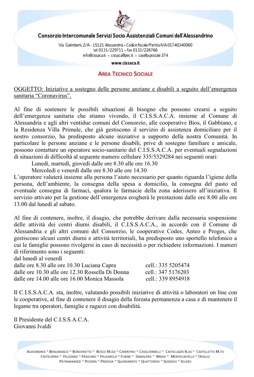 CORONAVIRUS: iniziative a sostegno delle persone anziane e disabili a seguito dell'emergenza sanitaria "Coronavirus"
