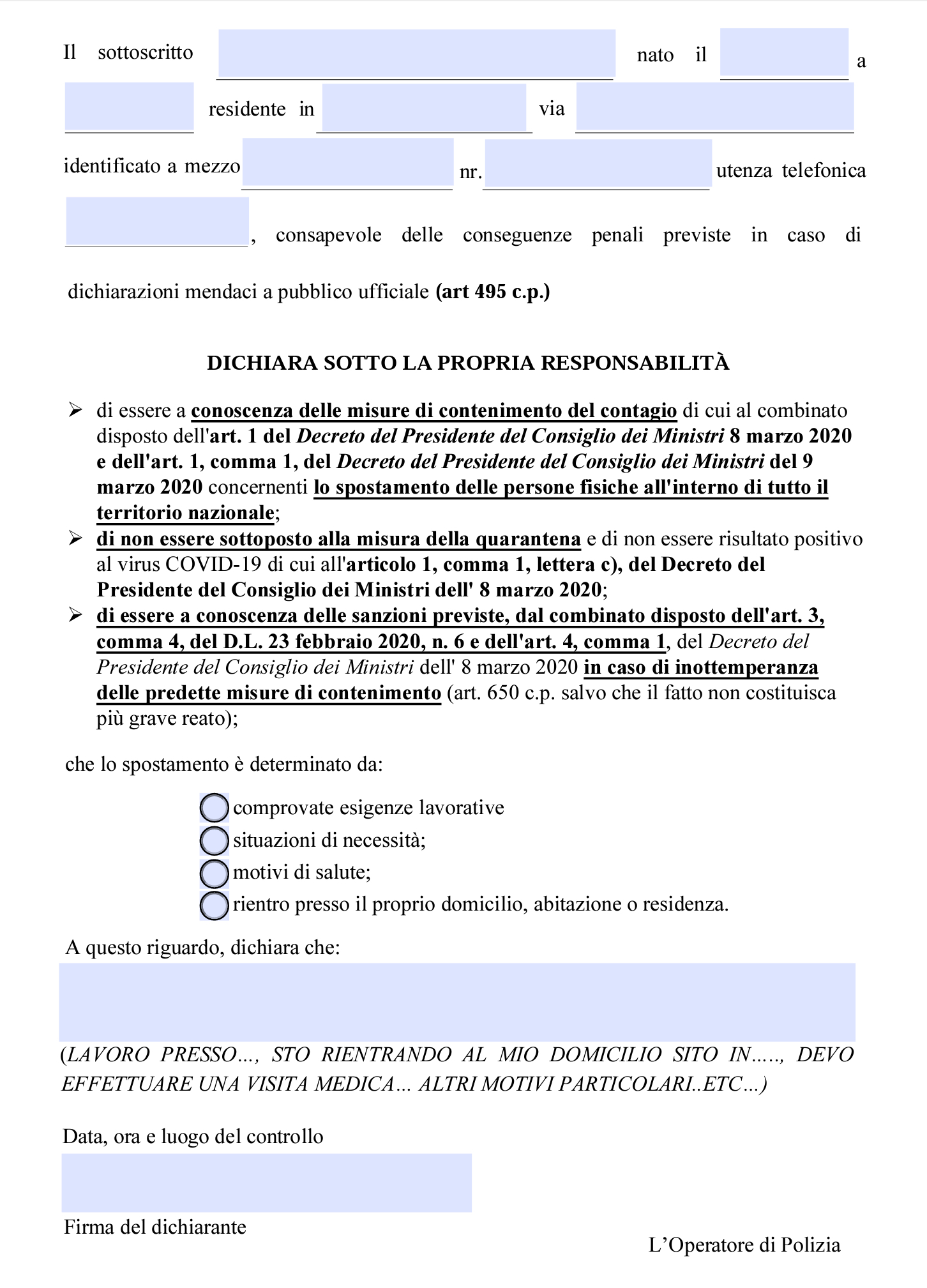 CORONAVIRUS: nuovo Modello autodichiarazione allo spostamento