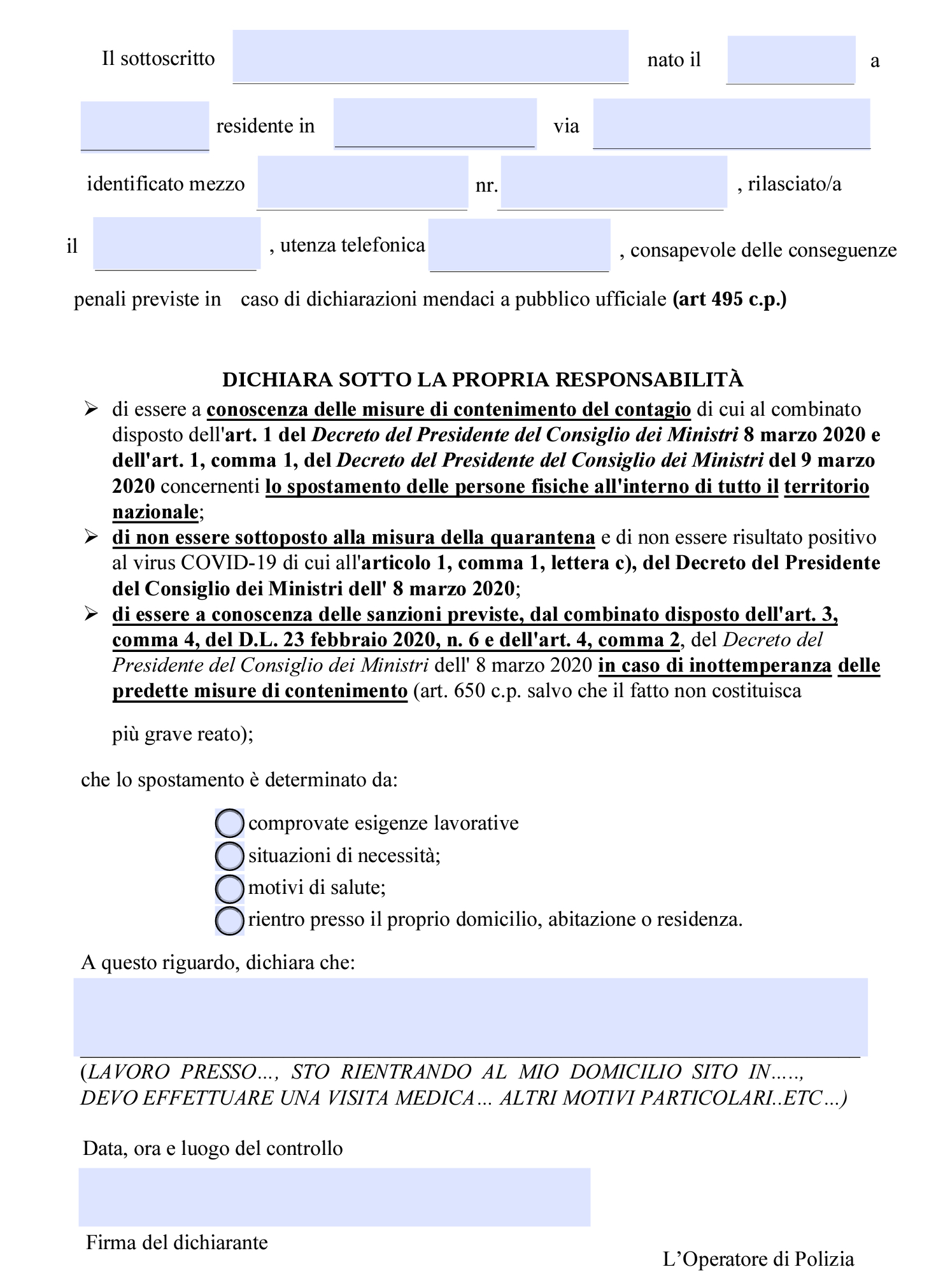 CORONAVIRUS: nuovo Modello autodichiarazione allo spostamento