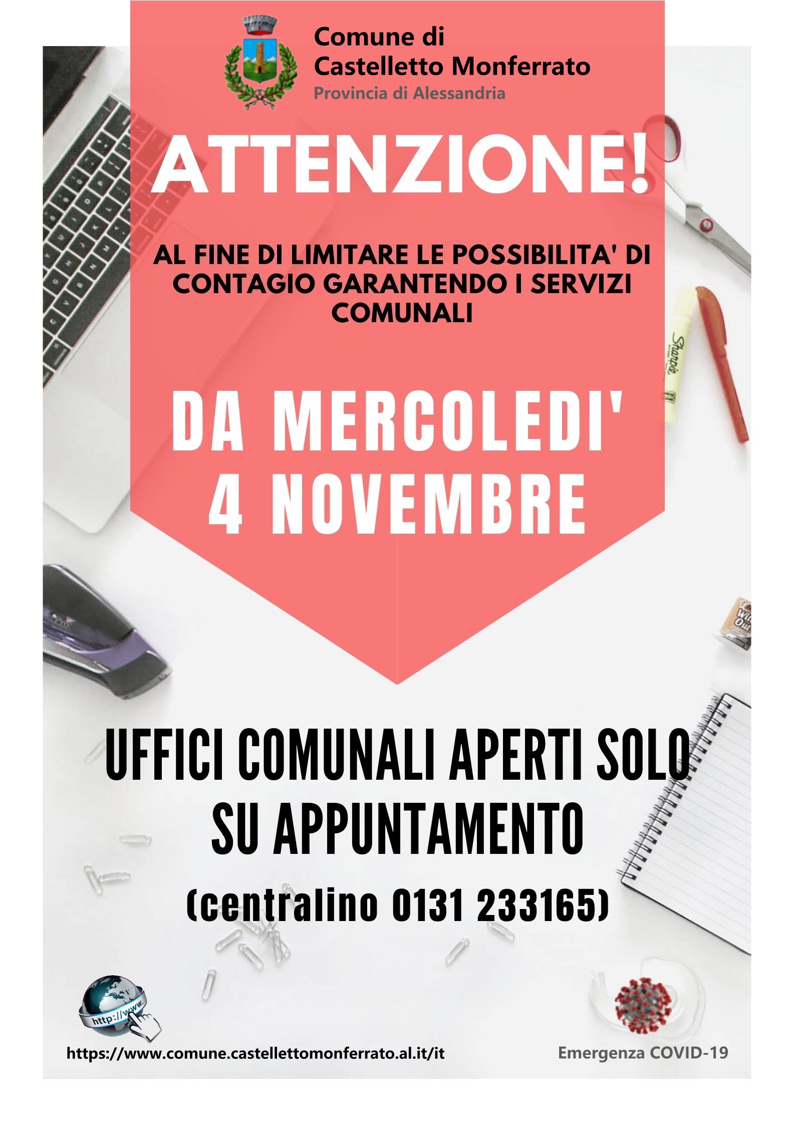 CORONAVIRUS: da mercoledì 4 novembre 2020 in Municipio solo su appuntamento