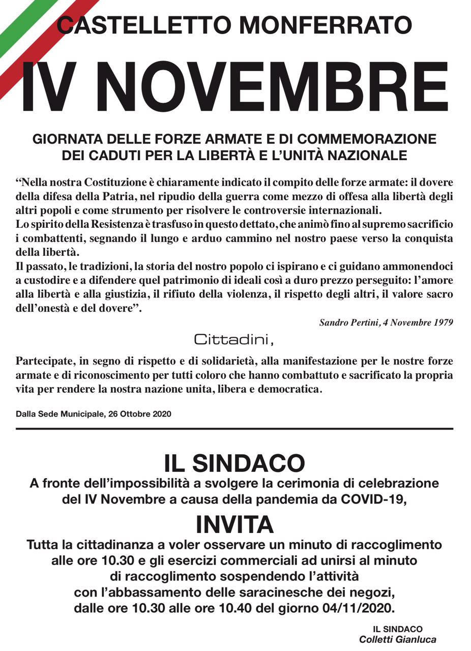 IV Novembre 1918-2020 "Giornata dell'unità nazionale e delle Forze Armate"