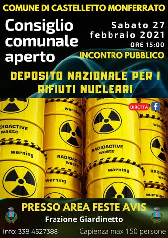 Sabato 27 febbraio 2021 alle ore 15:00 Consiglio comunale Aperto sulla questione "Deposito Nucleare"